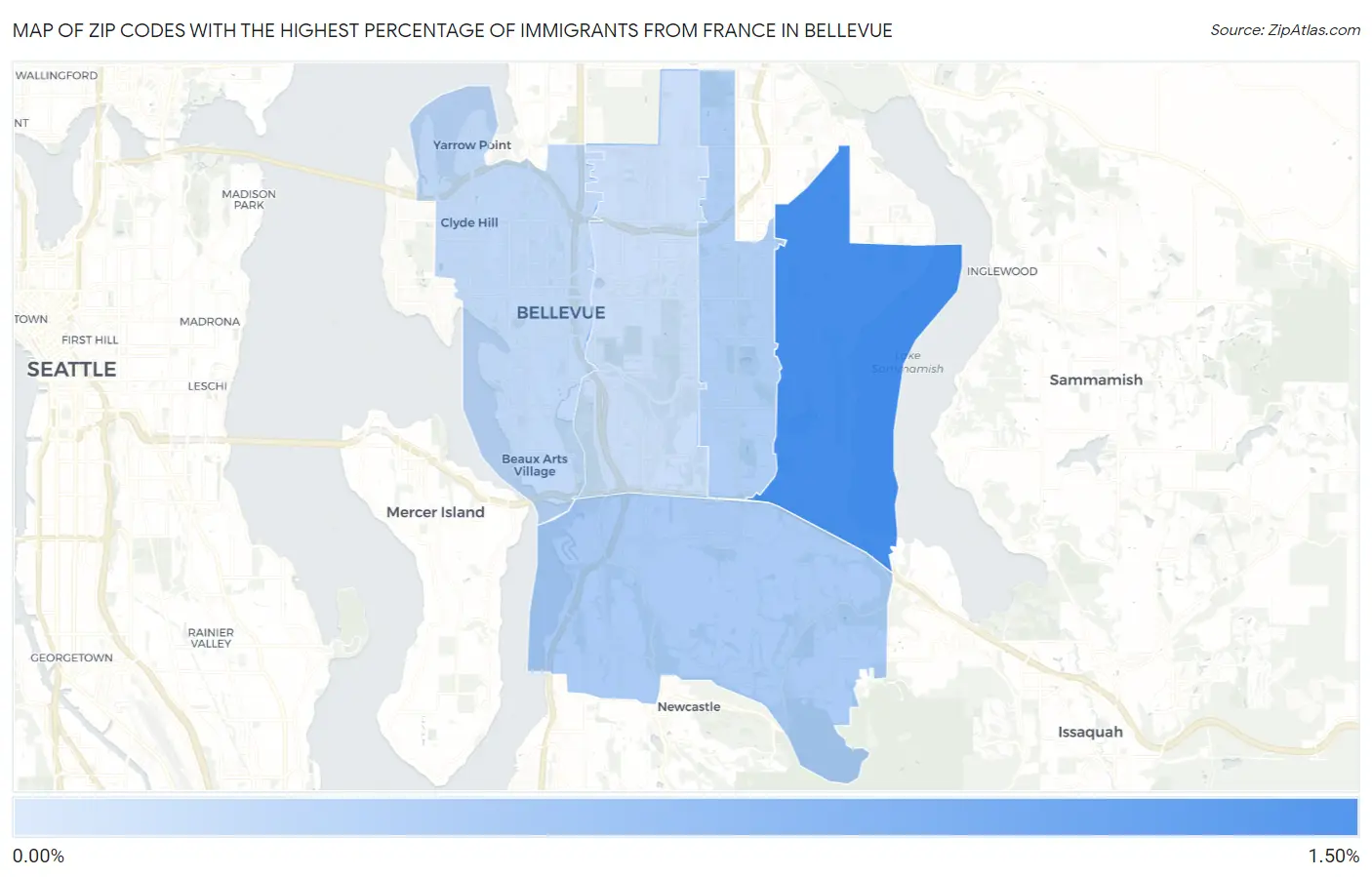 Zip Codes with the Highest Percentage of Immigrants from France in Bellevue Map