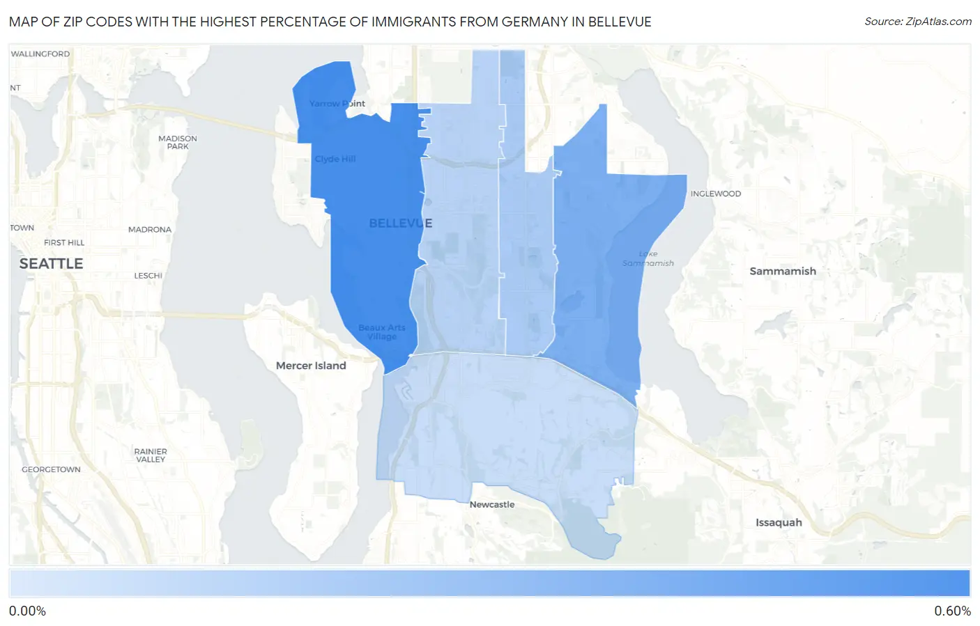 Zip Codes with the Highest Percentage of Immigrants from Germany in Bellevue Map