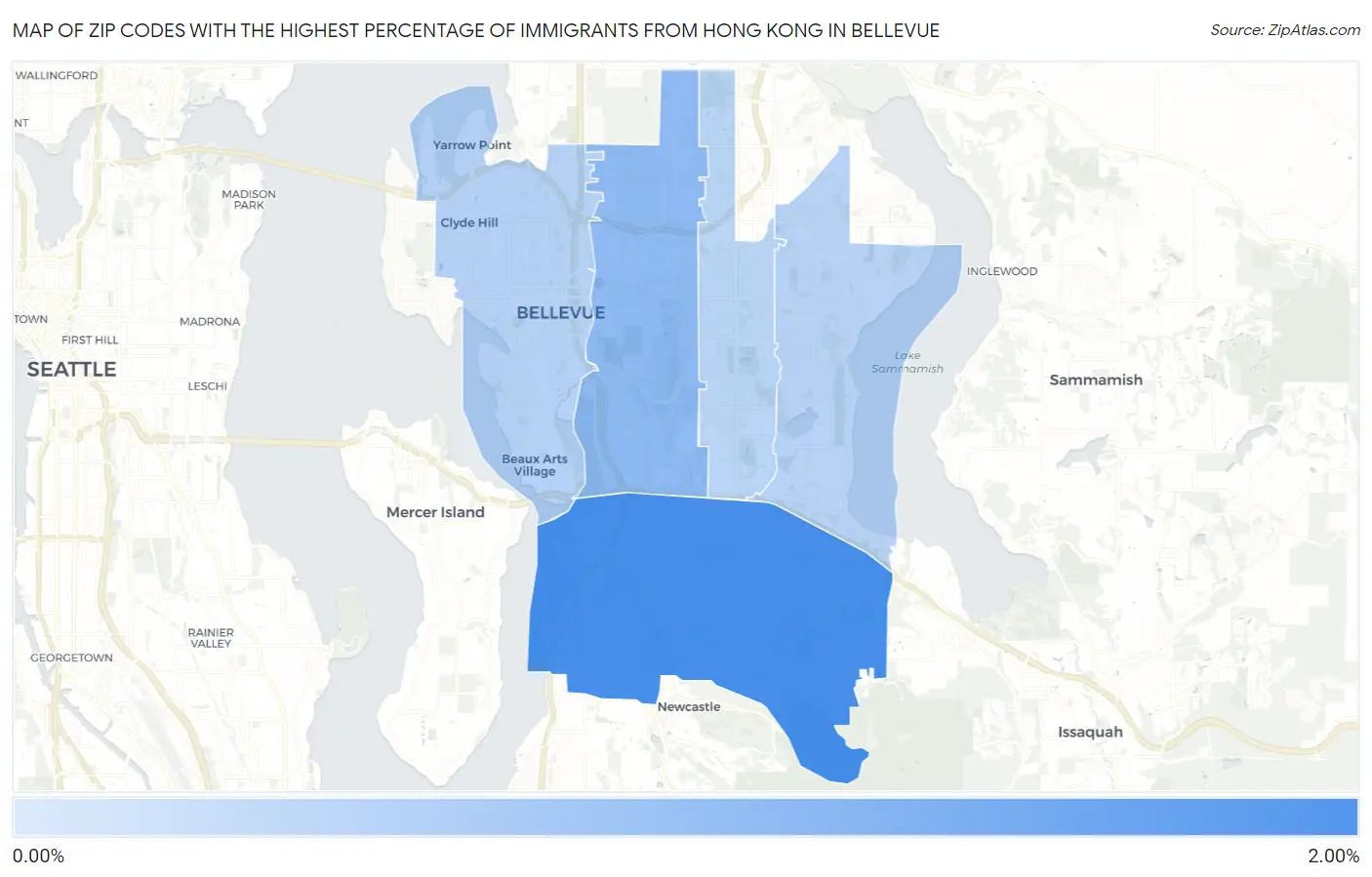 Zip Codes with the Highest Percentage of Immigrants from Hong Kong in Bellevue Map