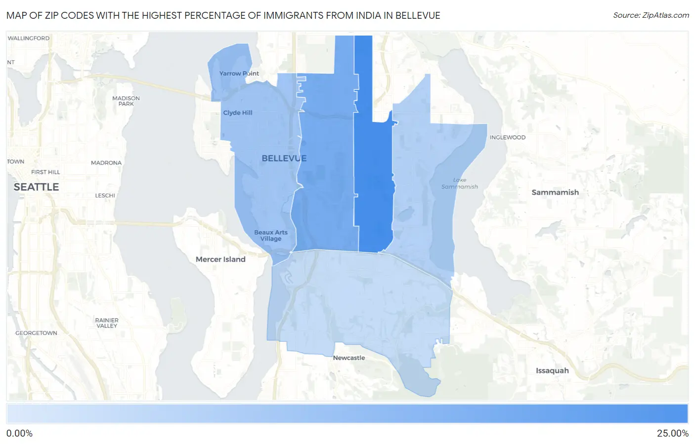 Zip Codes with the Highest Percentage of Immigrants from India in Bellevue Map