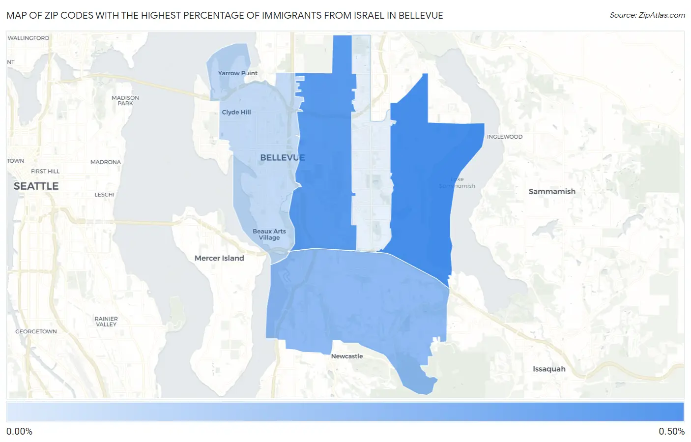 Zip Codes with the Highest Percentage of Immigrants from Israel in Bellevue Map
