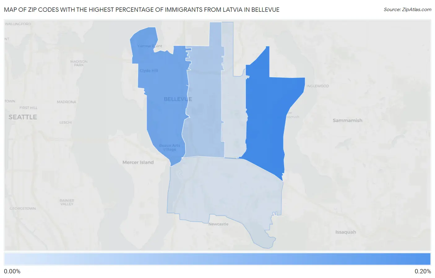 Zip Codes with the Highest Percentage of Immigrants from Latvia in Bellevue Map