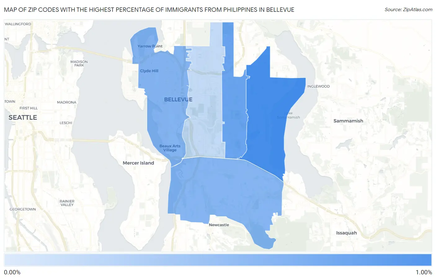 Zip Codes with the Highest Percentage of Immigrants from Philippines in Bellevue Map
