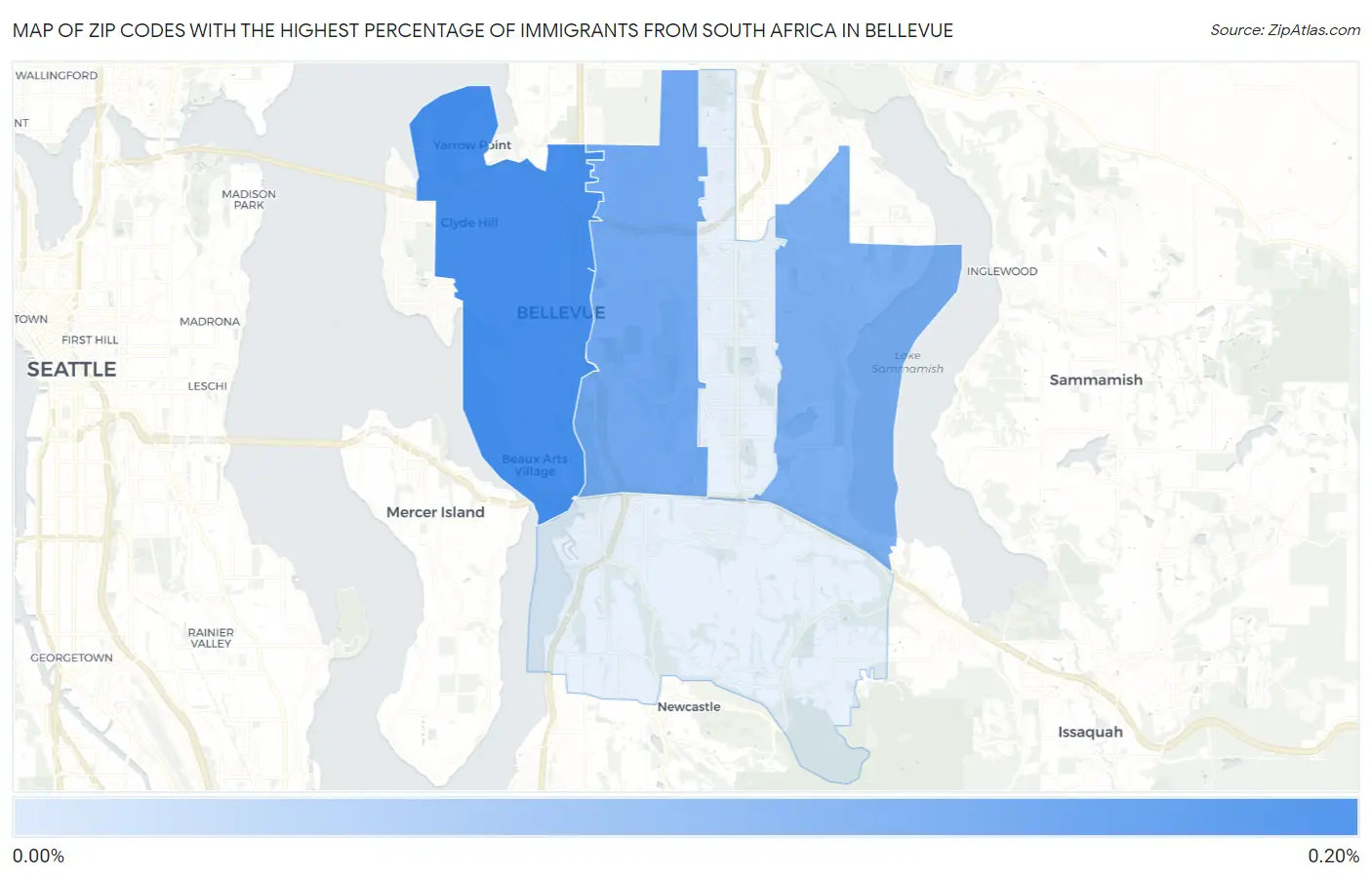 Zip Codes with the Highest Percentage of Immigrants from South Africa in Bellevue Map