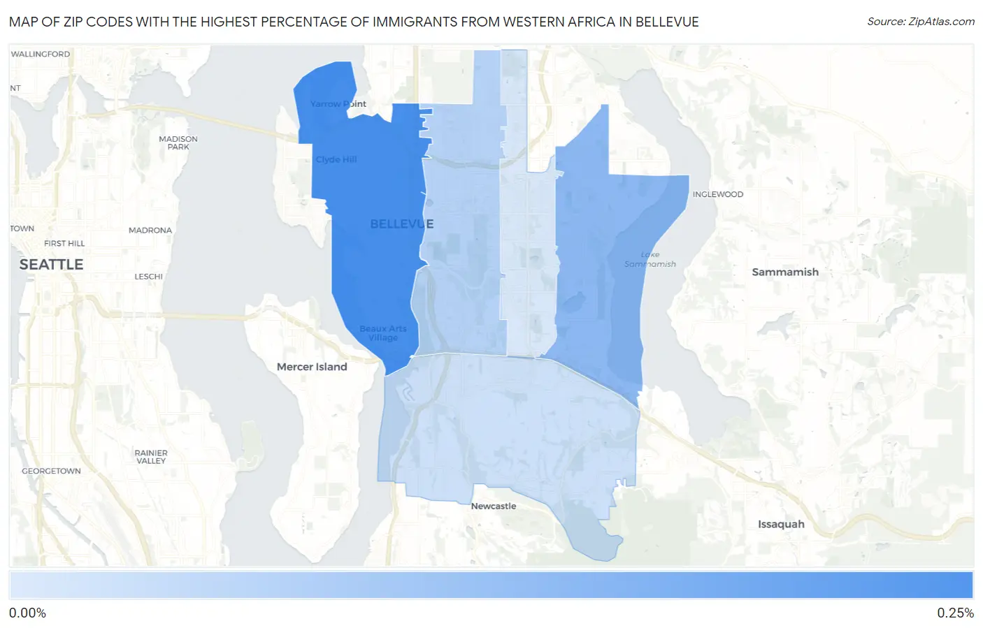 Zip Codes with the Highest Percentage of Immigrants from Western Africa in Bellevue Map