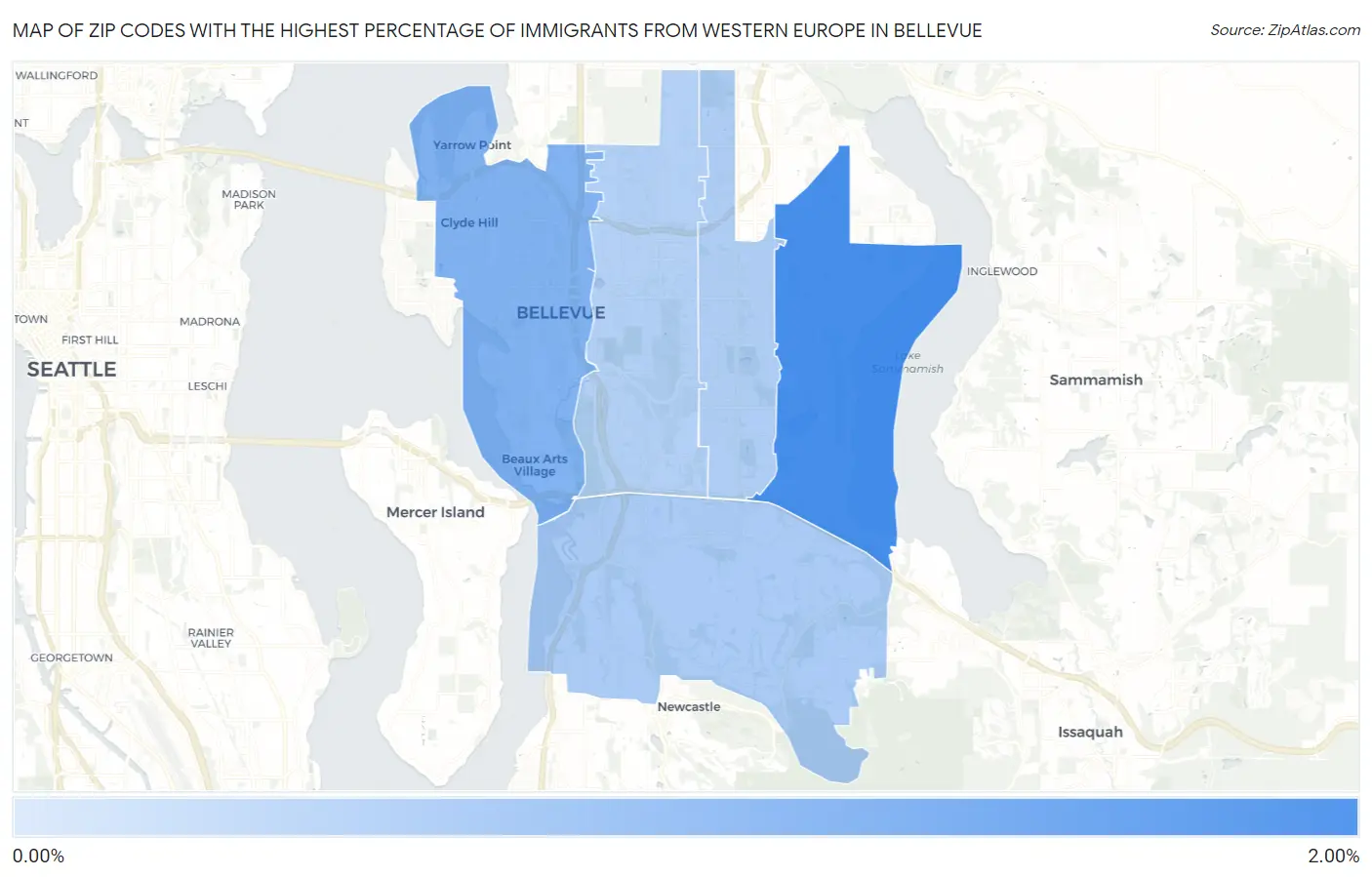 Zip Codes with the Highest Percentage of Immigrants from Western Europe in Bellevue Map