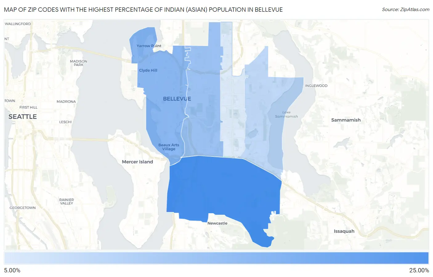 Zip Codes with the Highest Percentage of Indian (Asian) Population in Bellevue Map
