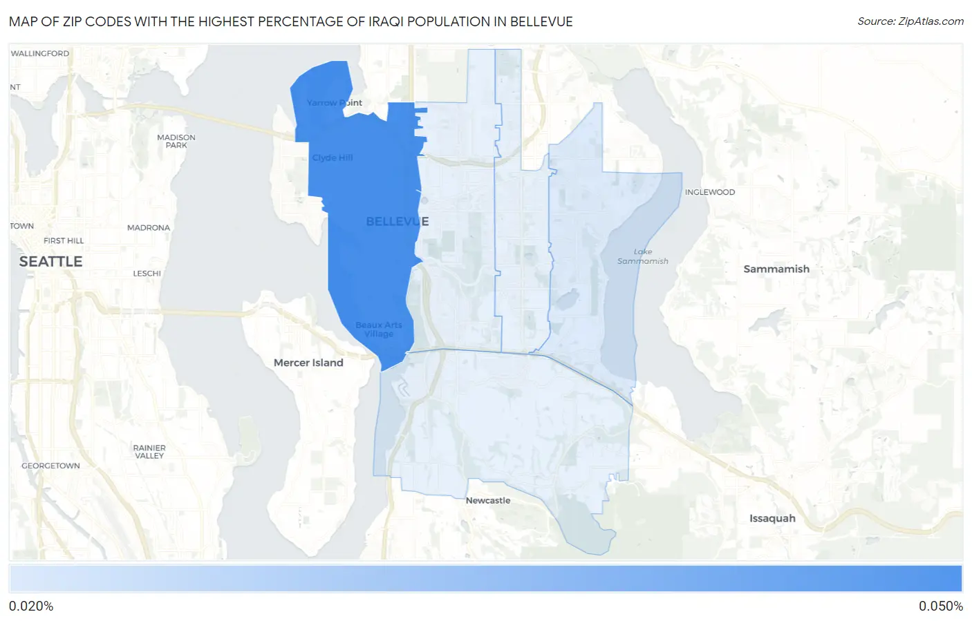 Zip Codes with the Highest Percentage of Iraqi Population in Bellevue Map