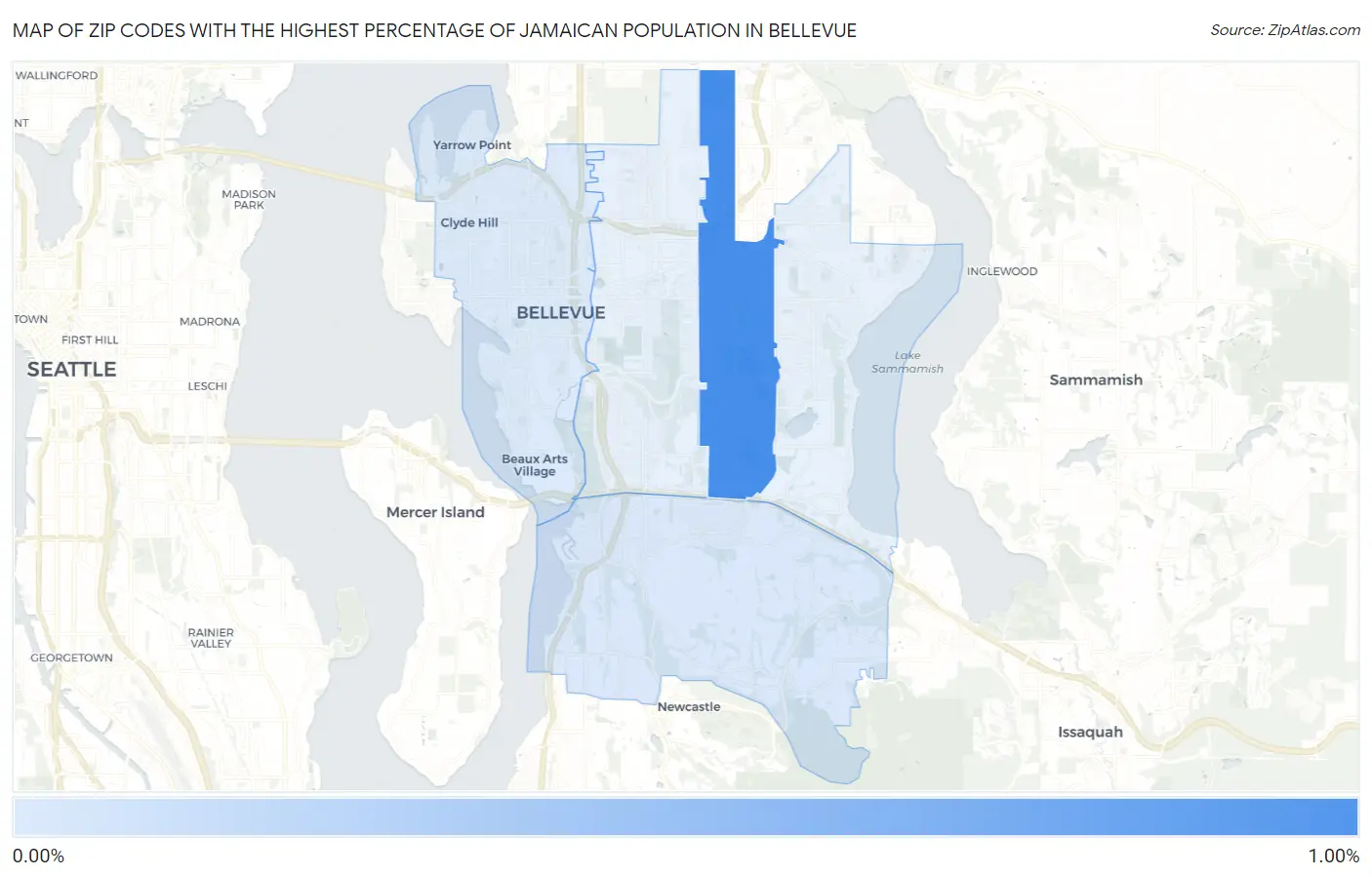 Zip Codes with the Highest Percentage of Jamaican Population in Bellevue Map