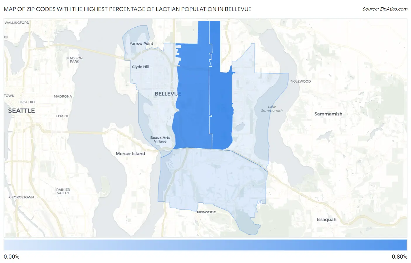 Zip Codes with the Highest Percentage of Laotian Population in Bellevue Map