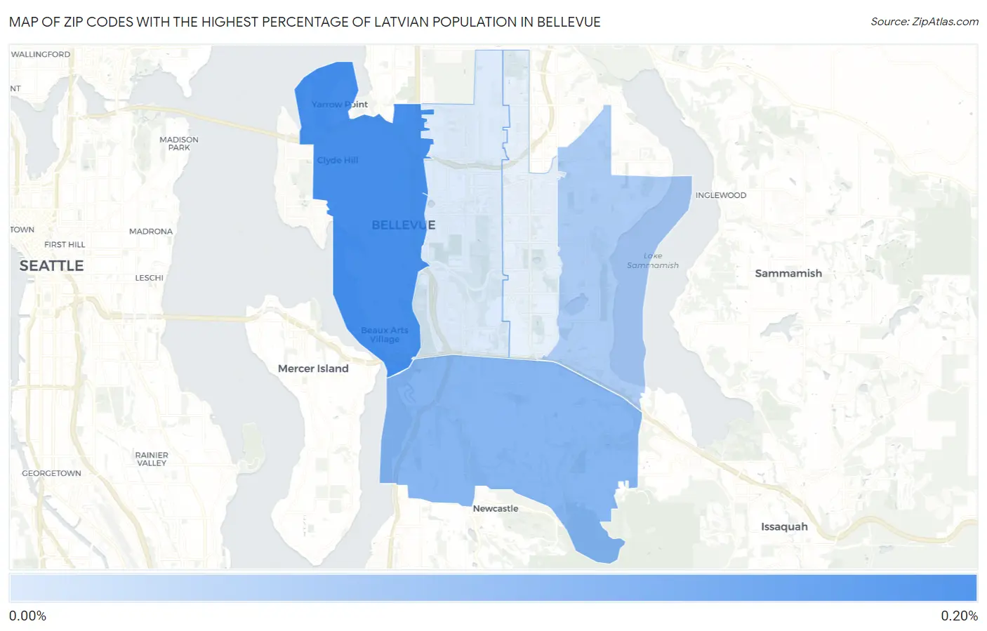 Zip Codes with the Highest Percentage of Latvian Population in Bellevue Map