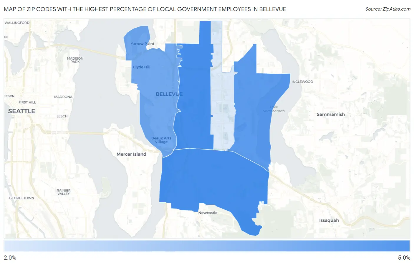 Zip Codes with the Highest Percentage of Local Government Employees in Bellevue Map