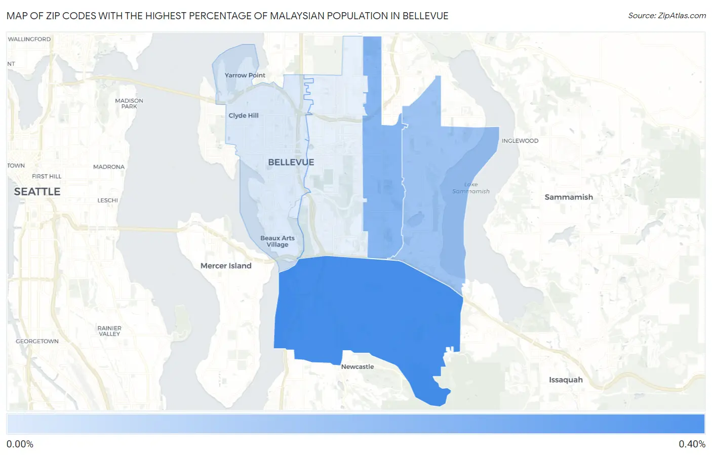 Zip Codes with the Highest Percentage of Malaysian Population in Bellevue Map