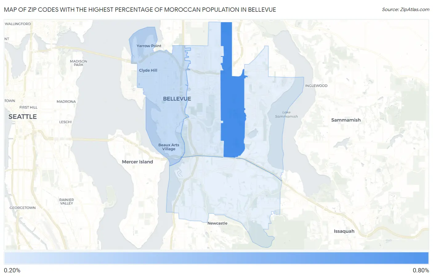 Zip Codes with the Highest Percentage of Moroccan Population in Bellevue Map
