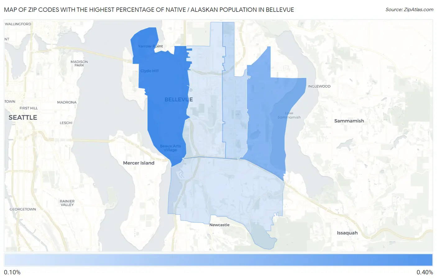 Zip Codes with the Highest Percentage of Native / Alaskan Population in Bellevue Map