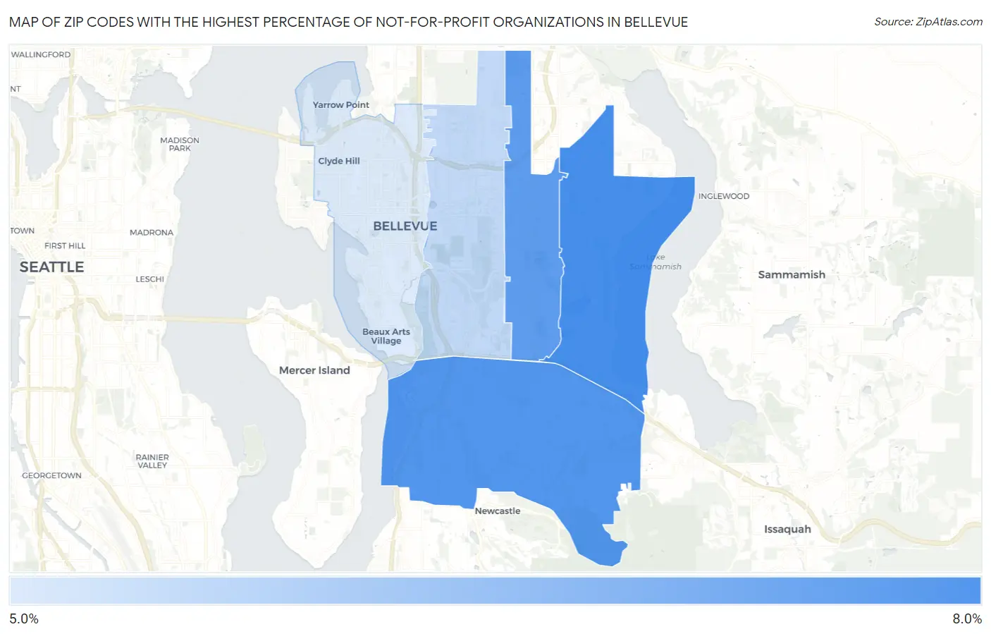 Zip Codes with the Highest Percentage of Not-for-profit Organizations in Bellevue Map