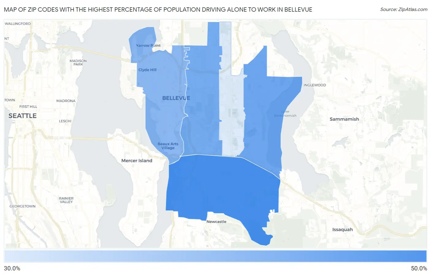 Zip Codes with the Highest Percentage of Population Driving Alone to Work in Bellevue Map