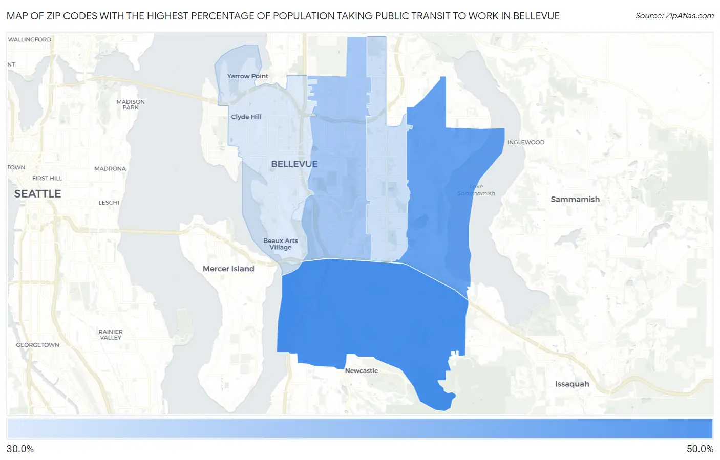 Zip Codes with the Highest Percentage of Population Taking Public Transit to Work in Bellevue Map