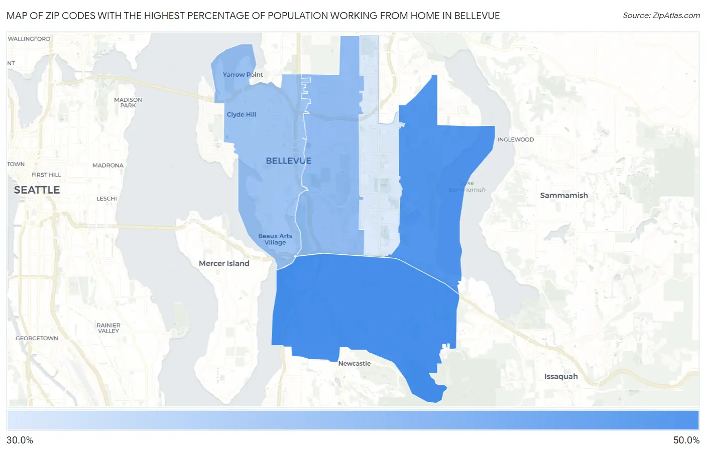 Zip Codes with the Highest Percentage of Population Working from Home in Bellevue Map