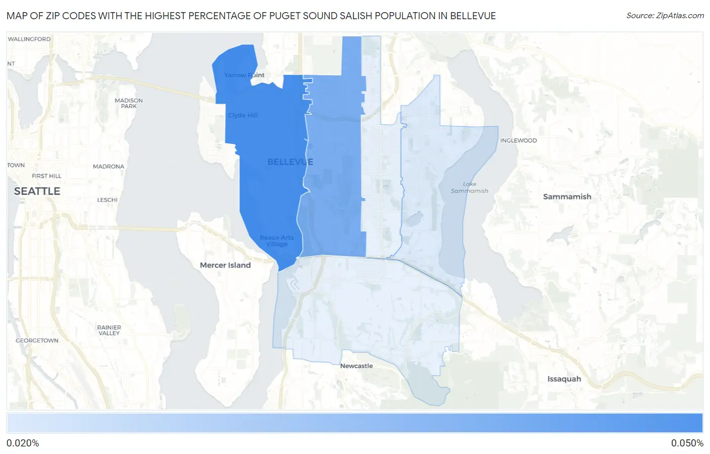 Zip Codes with the Highest Percentage of Puget Sound Salish Population in Bellevue Map