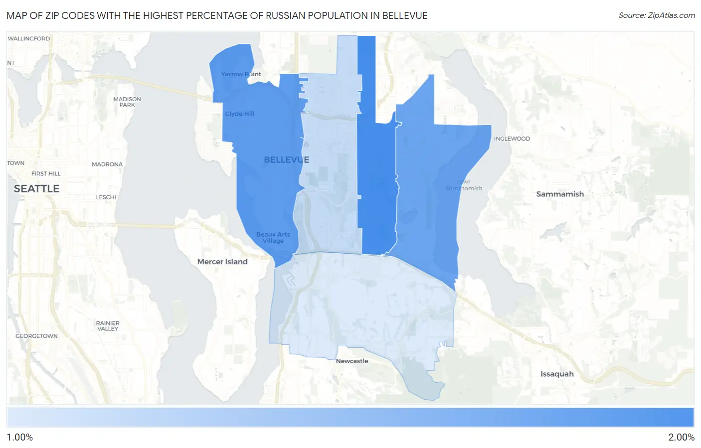 Zip Codes with the Highest Percentage of Russian Population in Bellevue Map