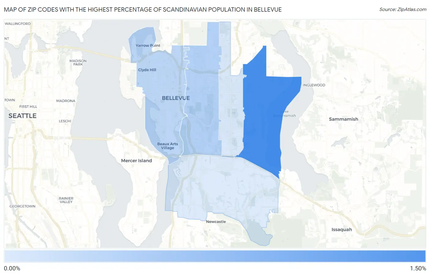 Zip Codes with the Highest Percentage of Scandinavian Population in Bellevue Map