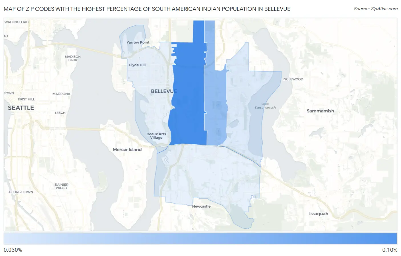 Zip Codes with the Highest Percentage of South American Indian Population in Bellevue Map