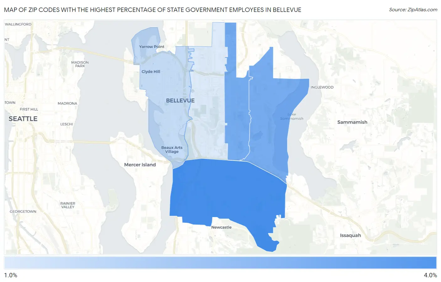 Zip Codes with the Highest Percentage of State Government Employees in Bellevue Map
