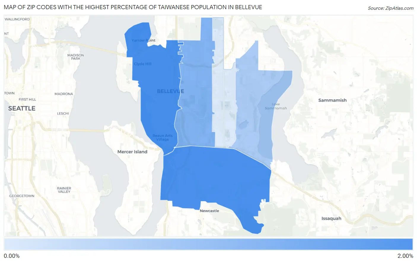 Zip Codes with the Highest Percentage of Taiwanese Population in Bellevue Map