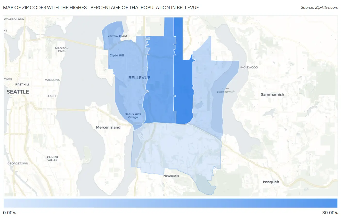 Zip Codes with the Highest Percentage of Thai Population in Bellevue Map