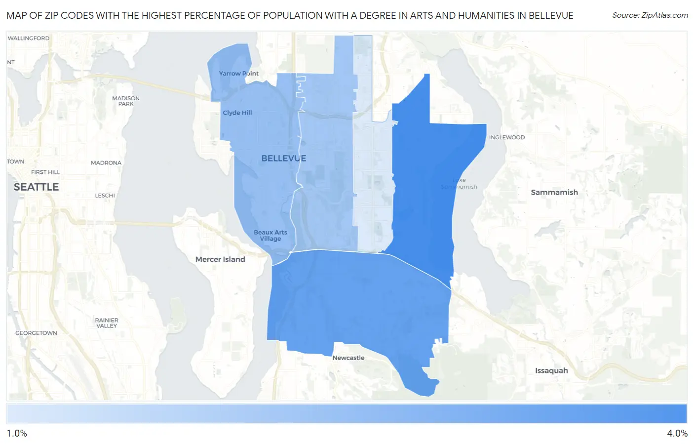 Zip Codes with the Highest Percentage of Population with a Degree in Arts and Humanities in Bellevue Map