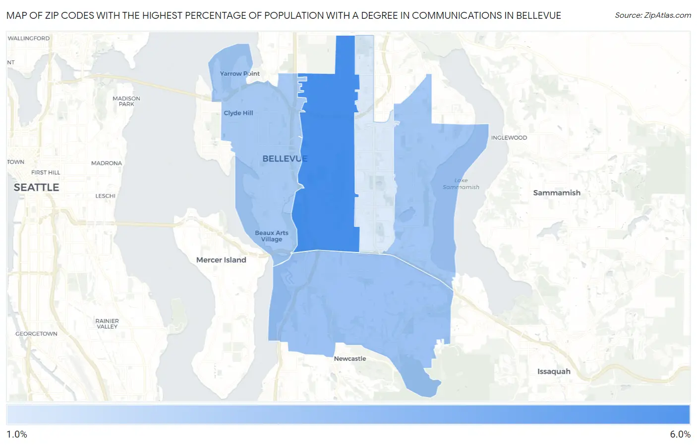Zip Codes with the Highest Percentage of Population with a Degree in Communications in Bellevue Map
