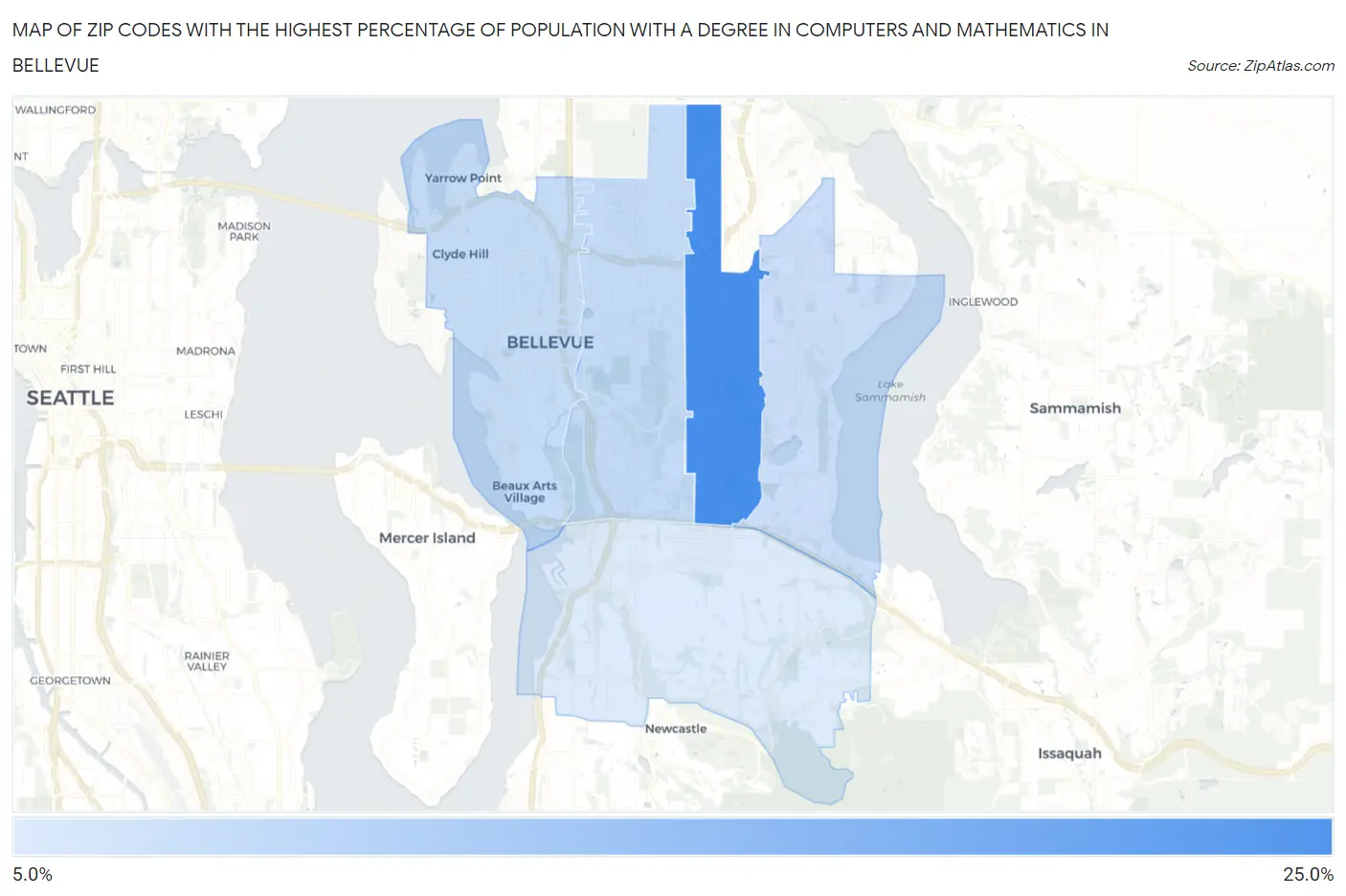 Zip Codes with the Highest Percentage of Population with a Degree in Computers and Mathematics in Bellevue Map