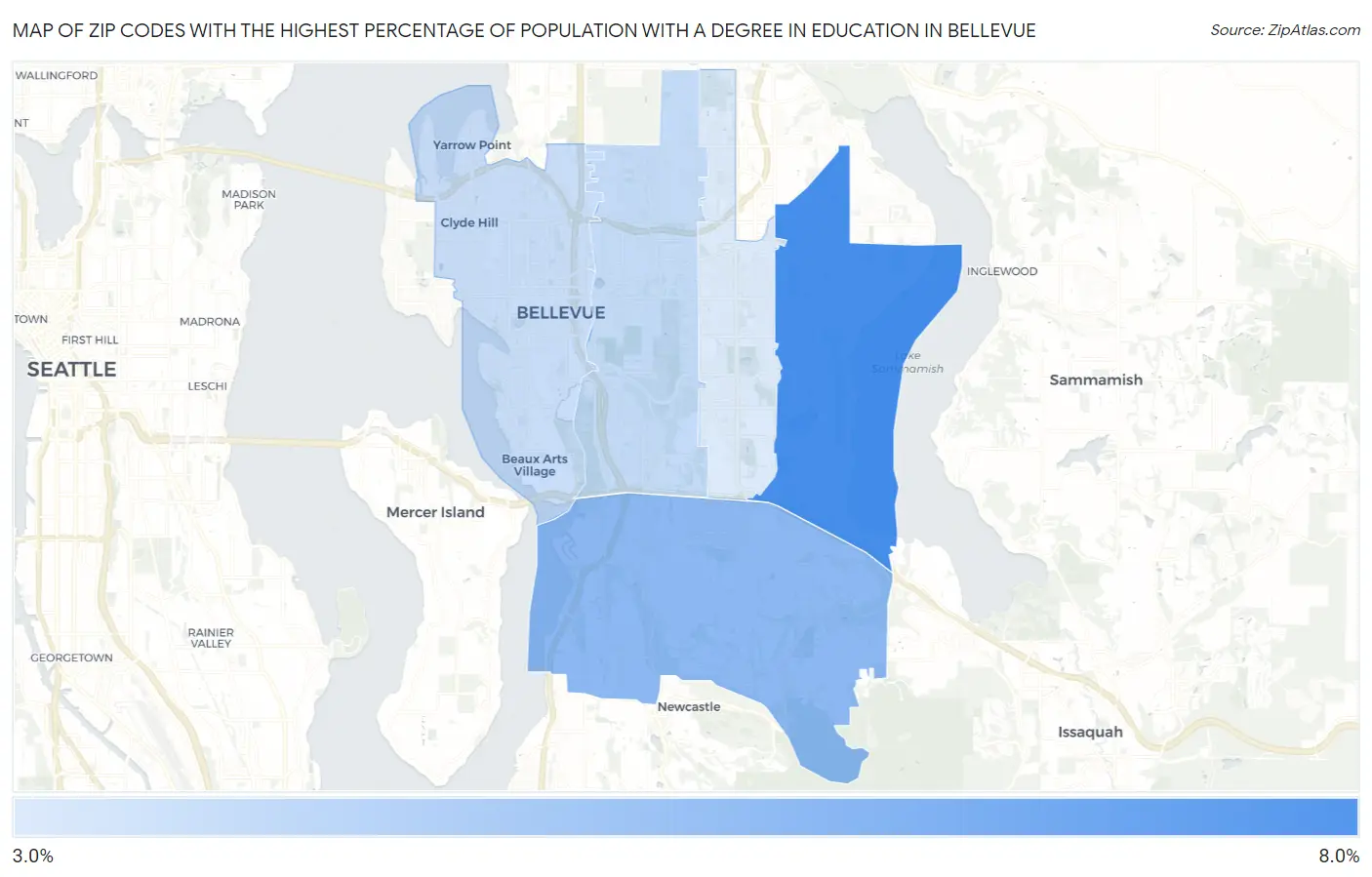Zip Codes with the Highest Percentage of Population with a Degree in Education in Bellevue Map
