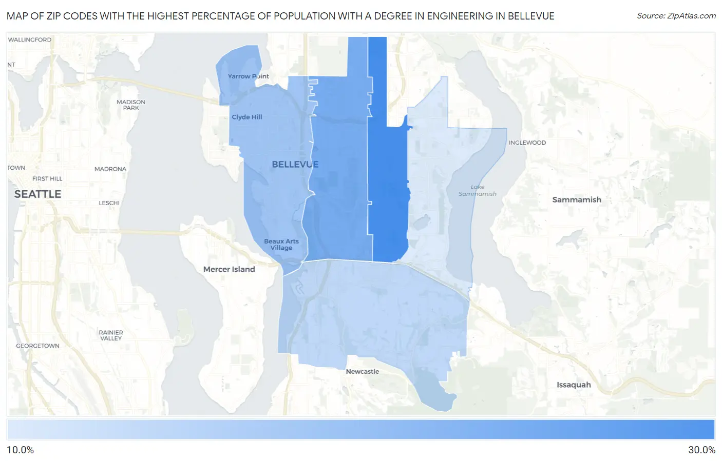Zip Codes with the Highest Percentage of Population with a Degree in Engineering in Bellevue Map