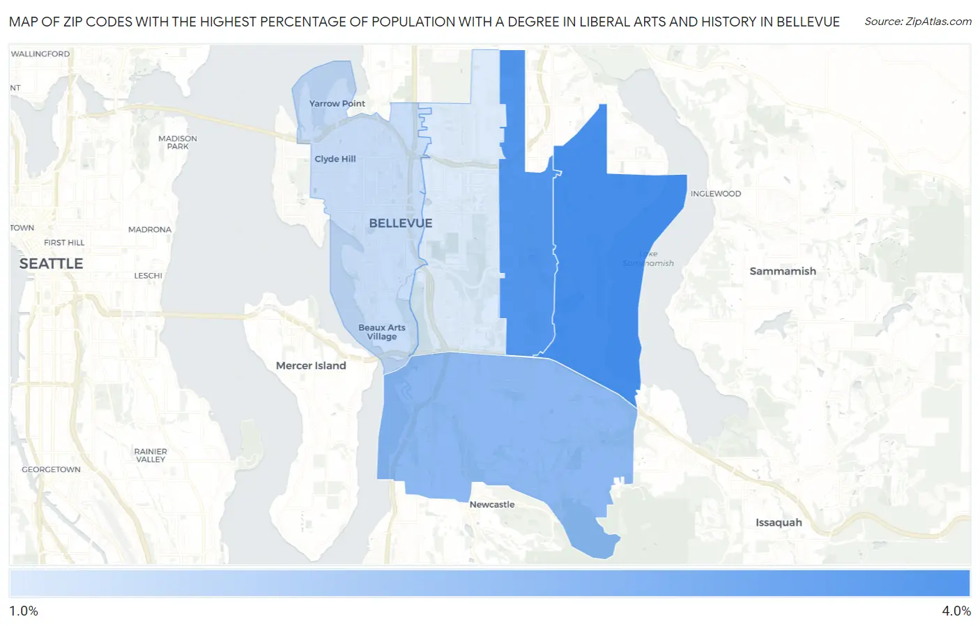 Zip Codes with the Highest Percentage of Population with a Degree in Liberal Arts and History in Bellevue Map