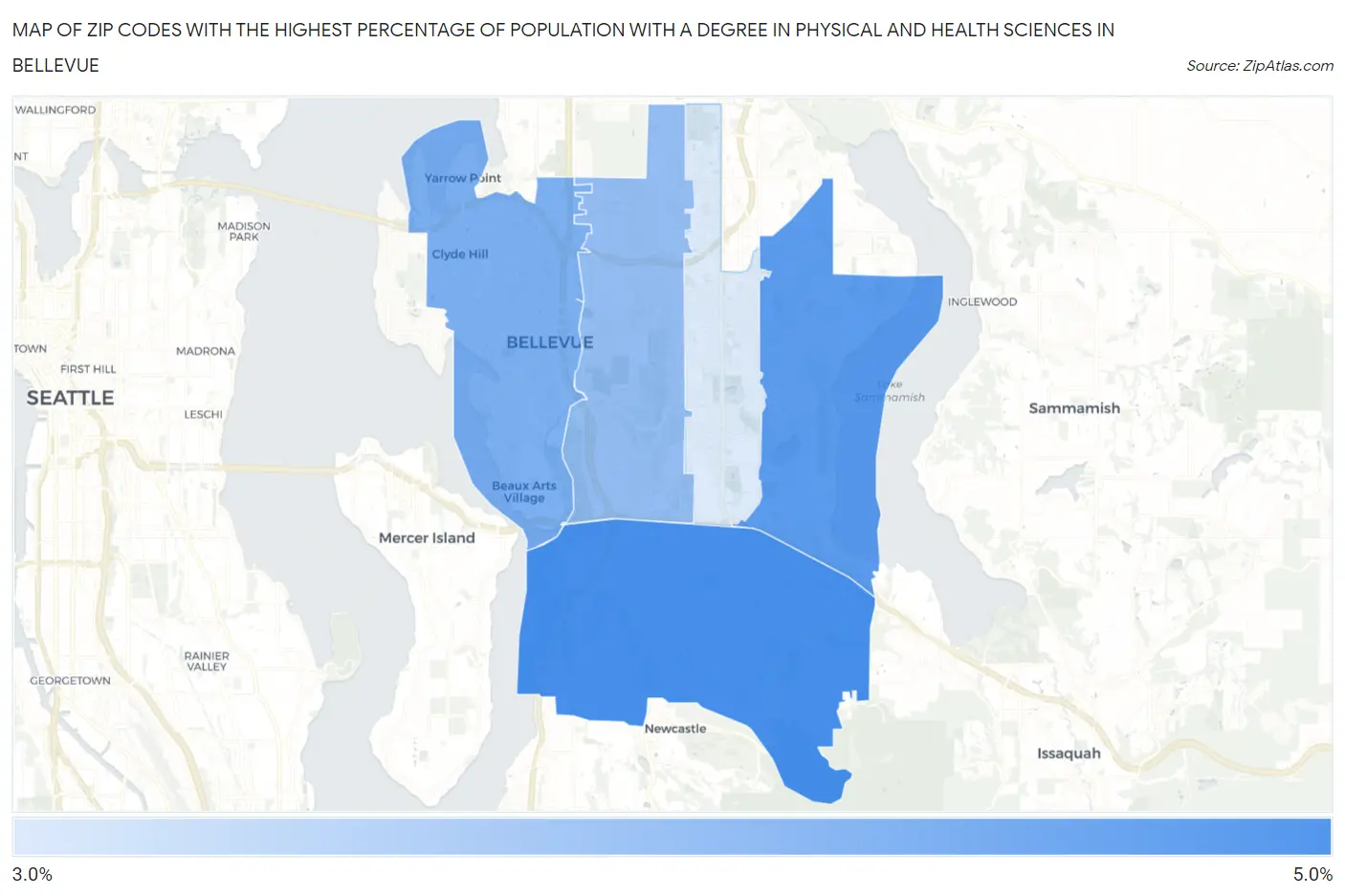 Zip Codes with the Highest Percentage of Population with a Degree in Physical and Health Sciences in Bellevue Map