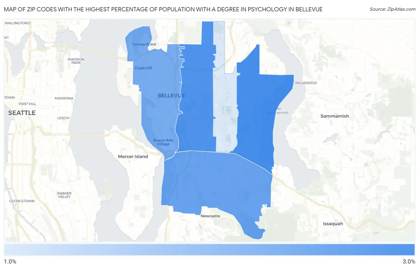 Zip Codes with the Highest Percentage of Population with a Degree in Psychology in Bellevue Map