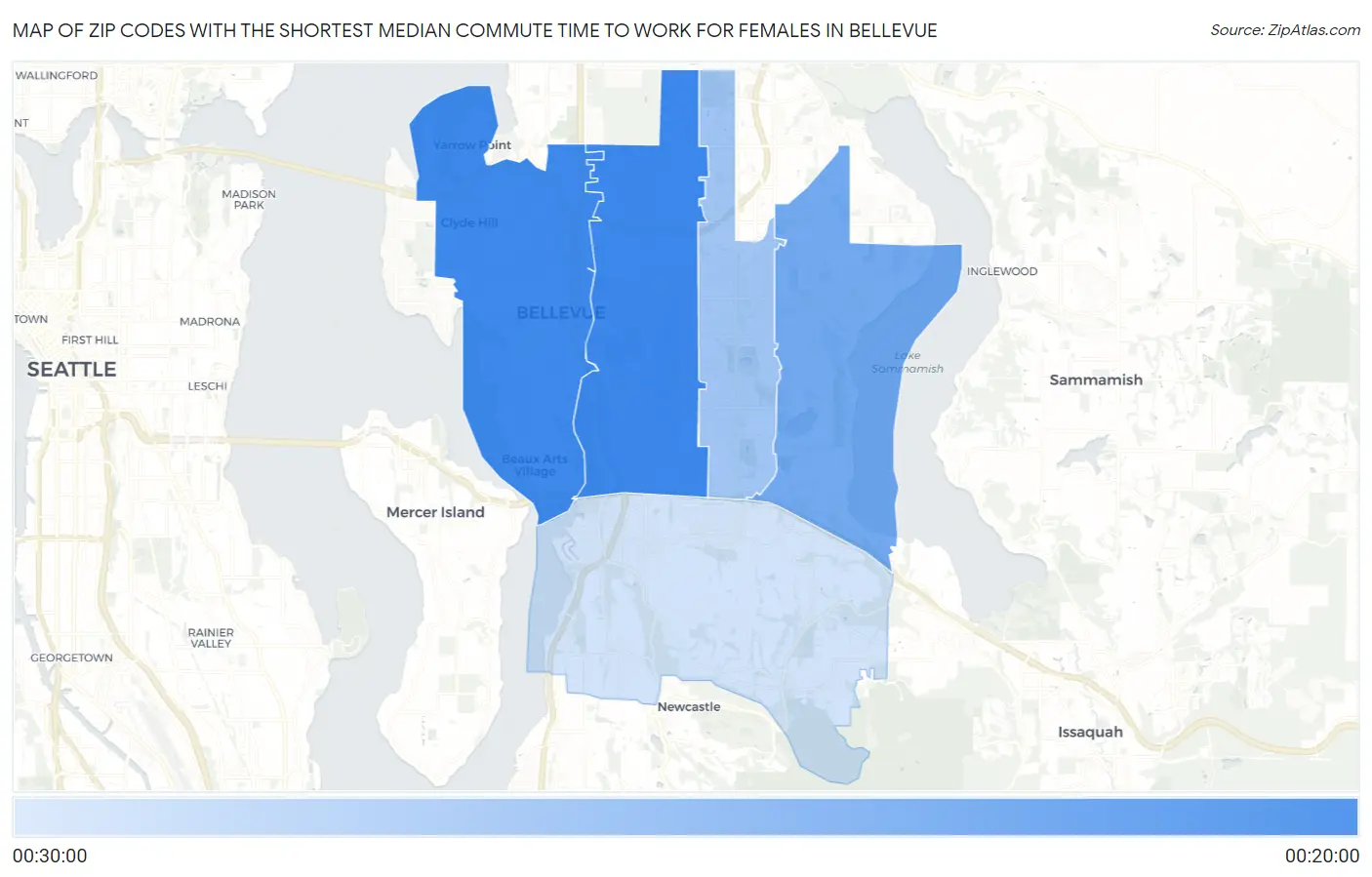 Zip Codes with the Shortest Median Commute Time to Work for Females in Bellevue Map