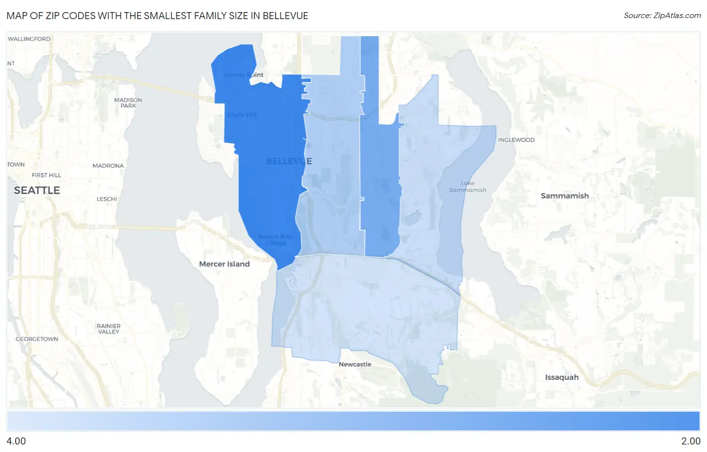Zip Codes with the Smallest Family Size in Bellevue Map
