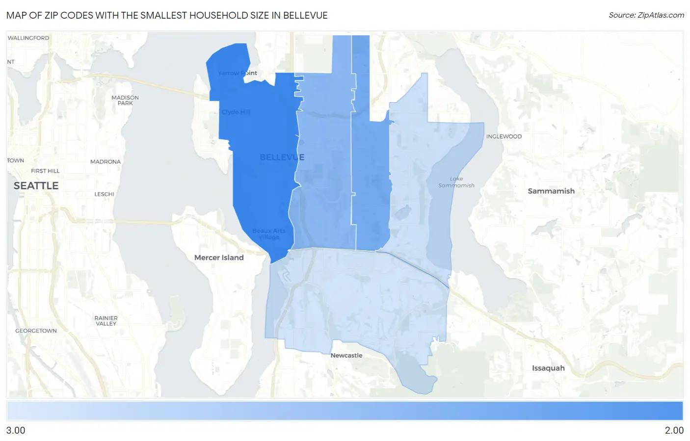 Zip Codes with the Smallest Household Size in Bellevue Map