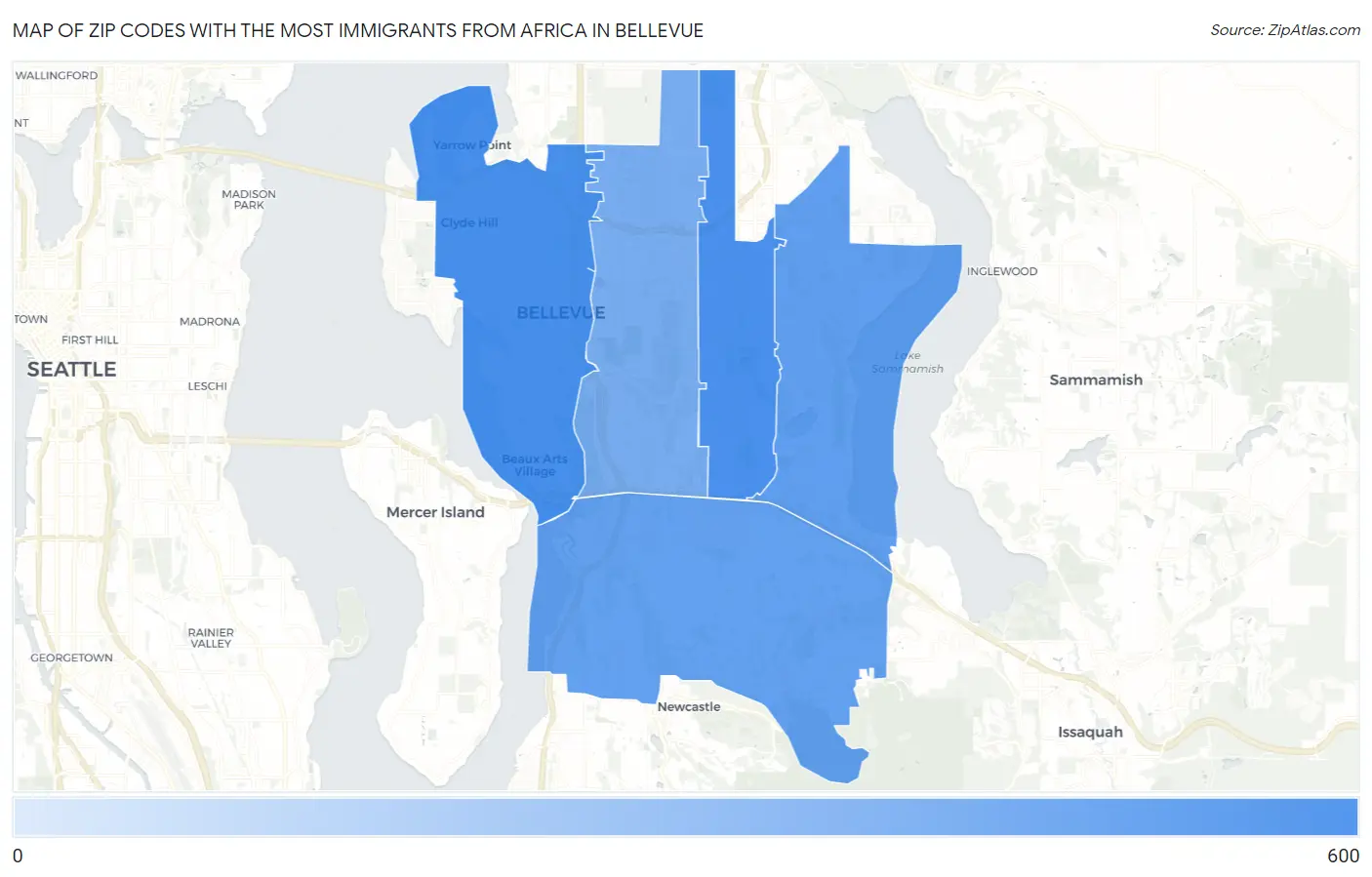 Zip Codes with the Most Immigrants from Africa in Bellevue Map