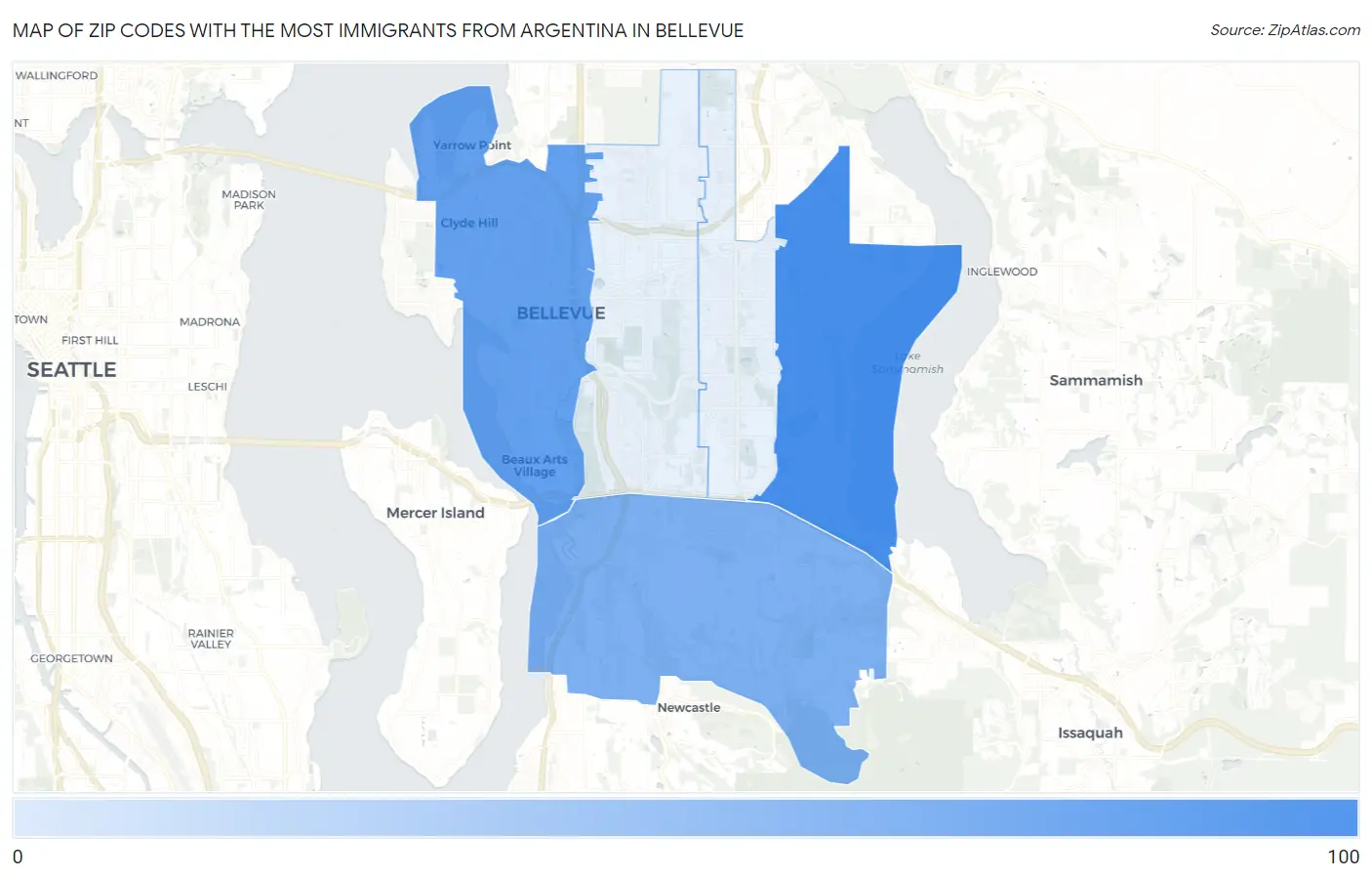 Zip Codes with the Most Immigrants from Argentina in Bellevue Map