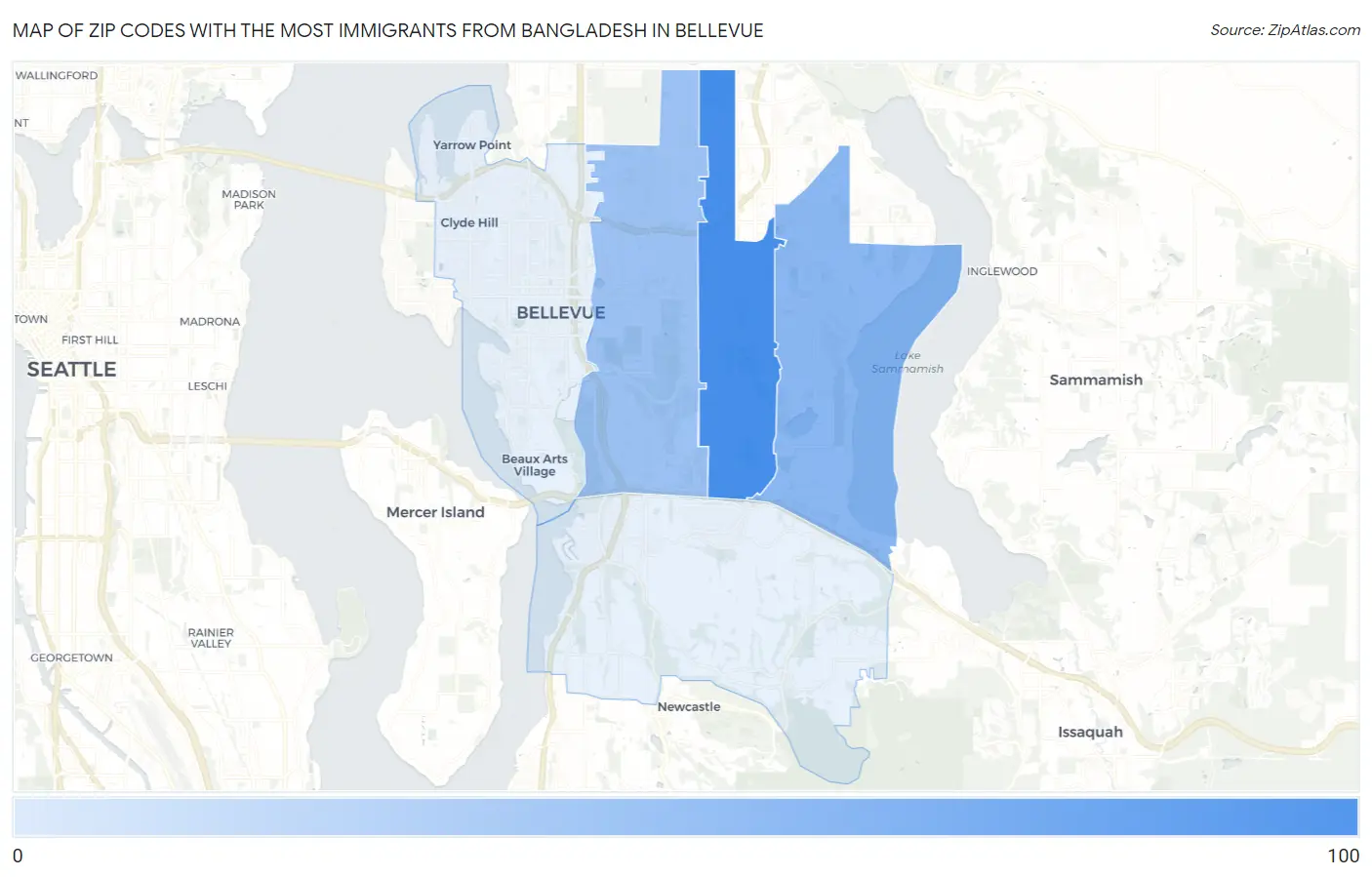 Zip Codes with the Most Immigrants from Bangladesh in Bellevue Map