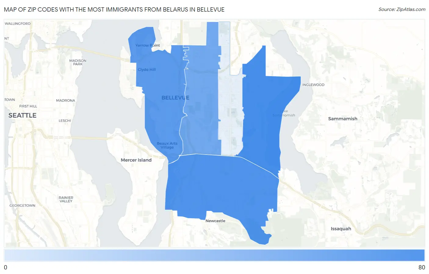 Zip Codes with the Most Immigrants from Belarus in Bellevue Map