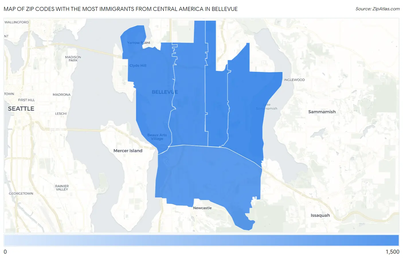Zip Codes with the Most Immigrants from Central America in Bellevue Map
