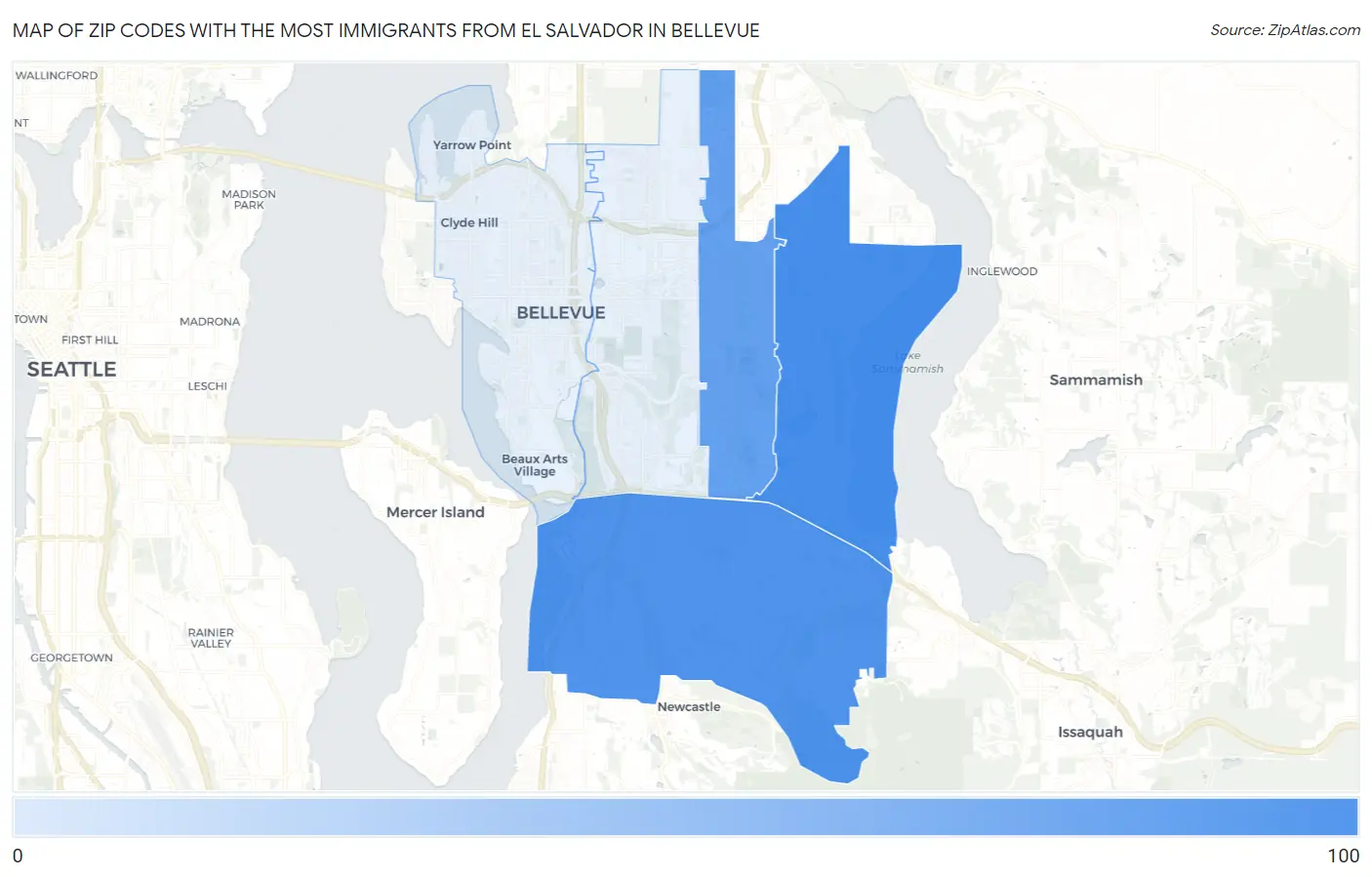 Zip Codes with the Most Immigrants from El Salvador in Bellevue Map