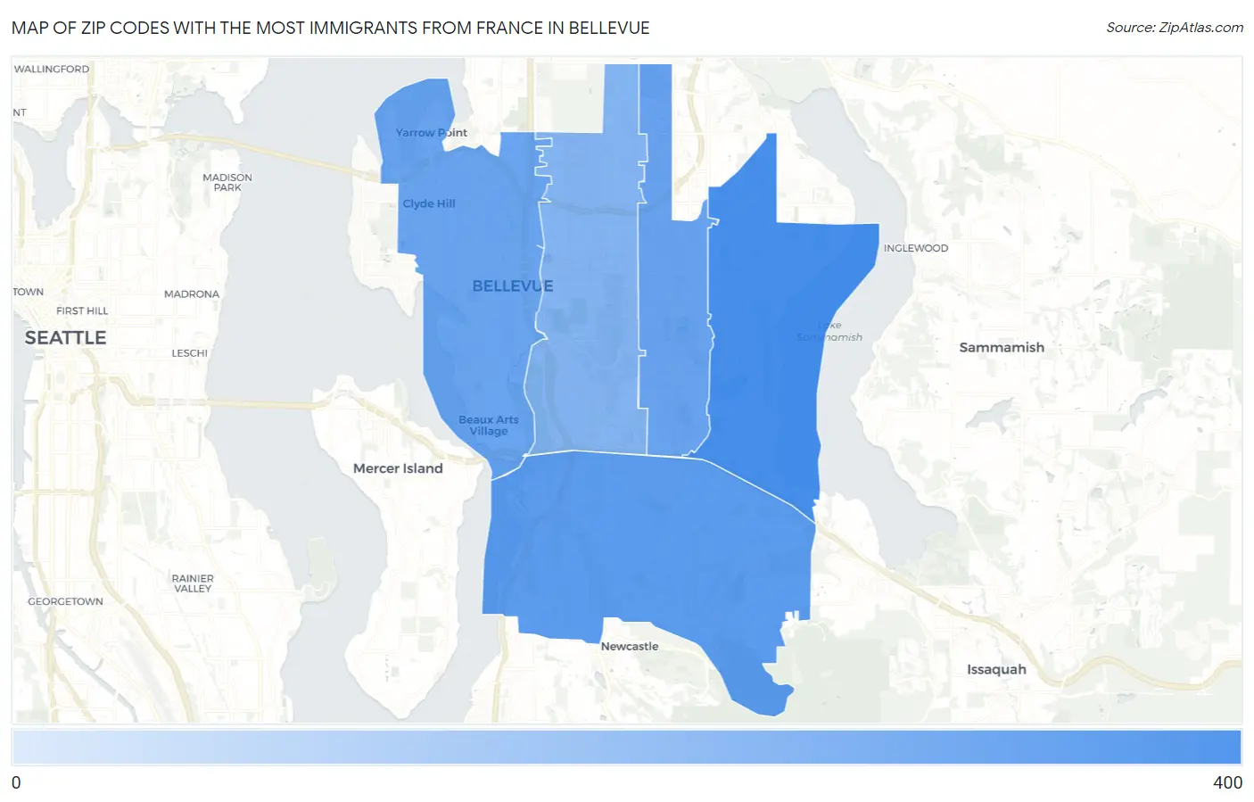 Zip Codes with the Most Immigrants from France in Bellevue Map