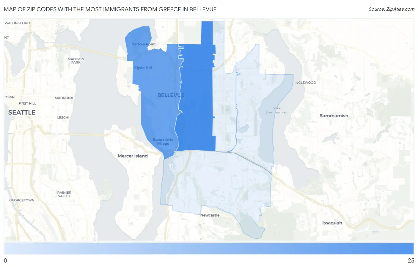 Zip Codes with the Most Immigrants from Greece in Bellevue Map
