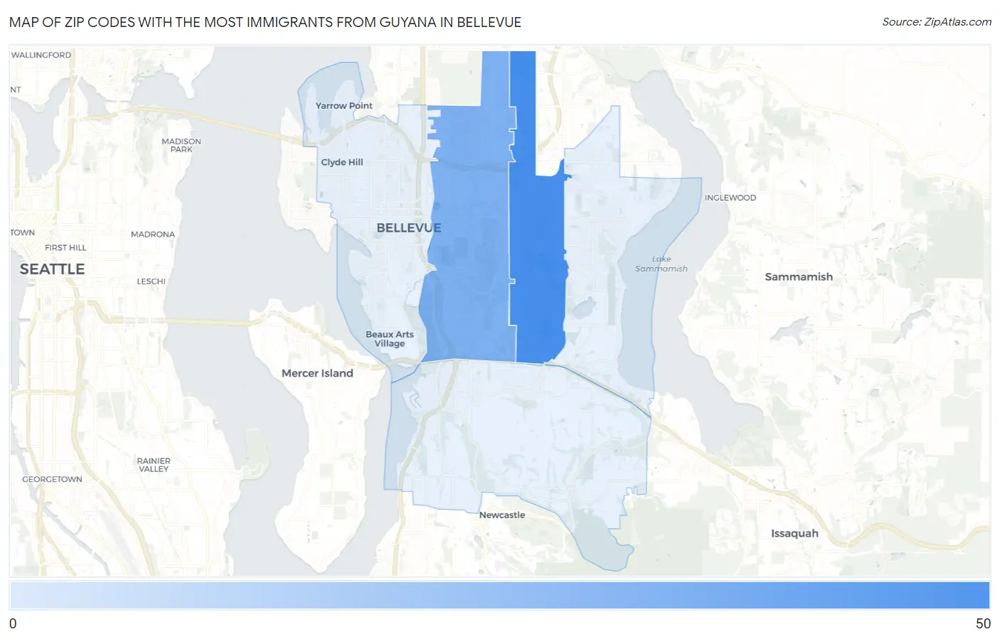Zip Codes with the Most Immigrants from Guyana in Bellevue Map